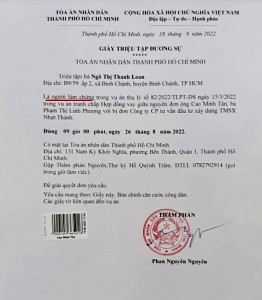 Giấy triệu tập do thẩm phán Phan Nguyên Nguyên ký xác định KTT Loan là “người làm chứng” 13