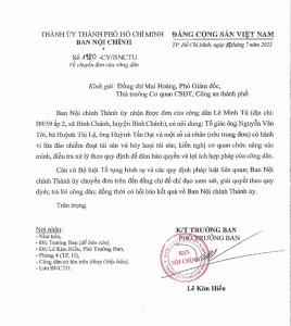 Công văn của Ban Nội chính Thành ủy TP Hồ Chí Minh gửi Thủ trưởng Cơ quan CSĐT Công an TP Hồ Chí Minh