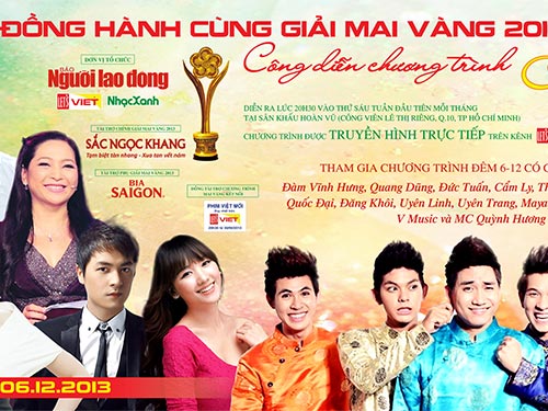 Các ca sĩ và MC Quỳnh Hương trong chương trình Mai Vàng kết nối đêm diễn thứ sáu