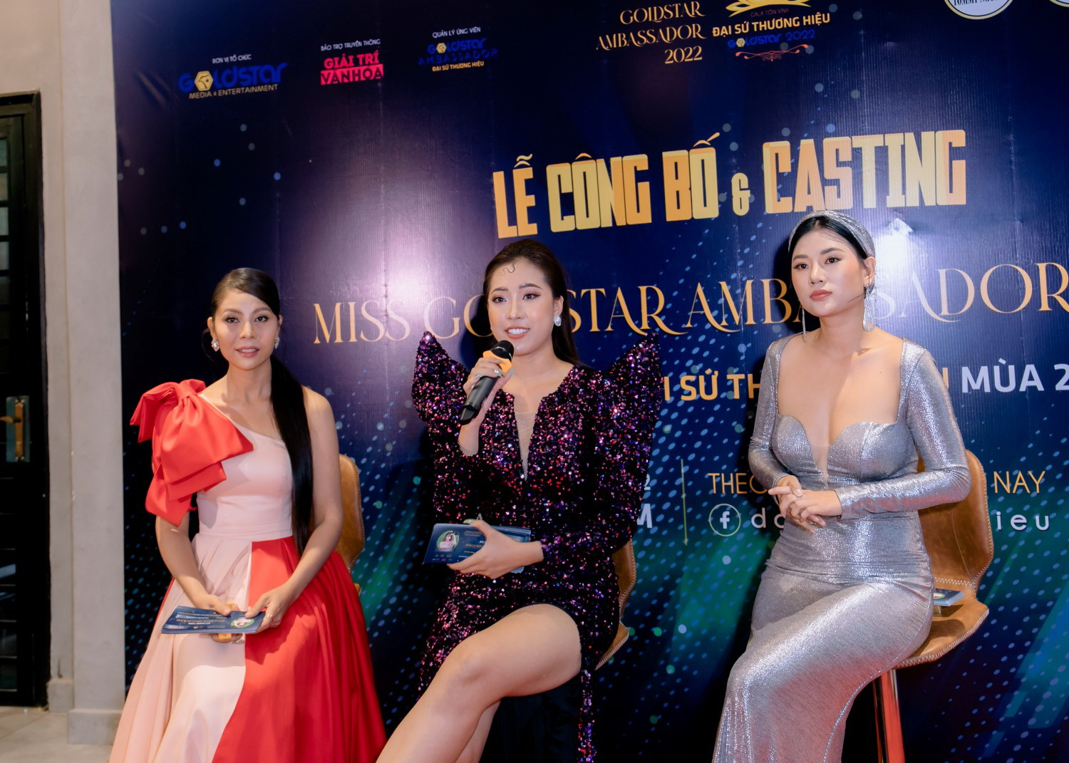 Từ trái sang: Hoa hậu Hồng Vân, Hoa hậu Tuyết Xuân và diễn viên Như Mây là 3 HLV casting tuyển chọn Đại sứ thương hiệu - Miss GoldStar Ambassador 2022