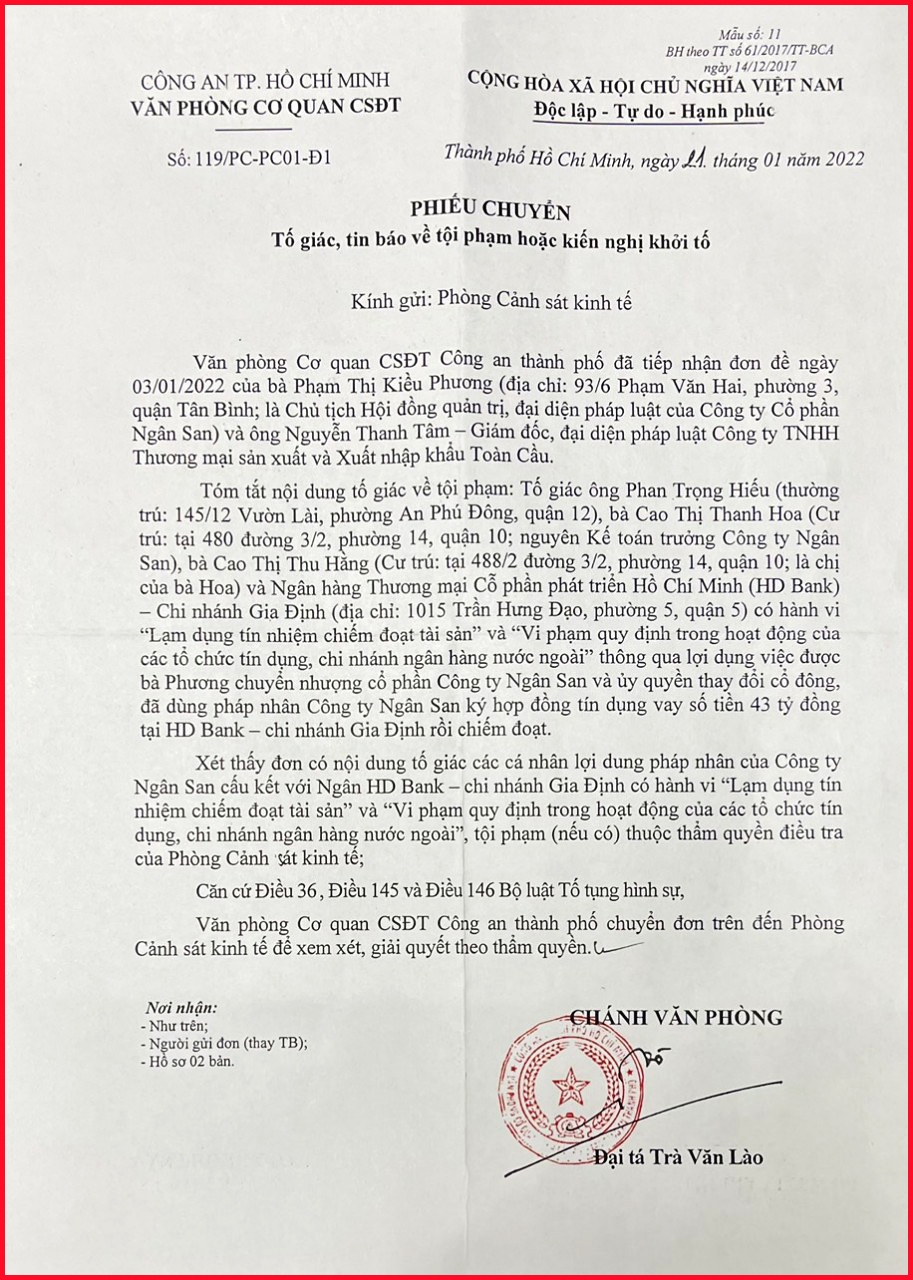 Văn bản số 119/PC-PC01-Đ1 ngày 21/1/2022 của Chánh Văn phòng Cơ quan CSĐT Công an TP.Hồ Chí Minh