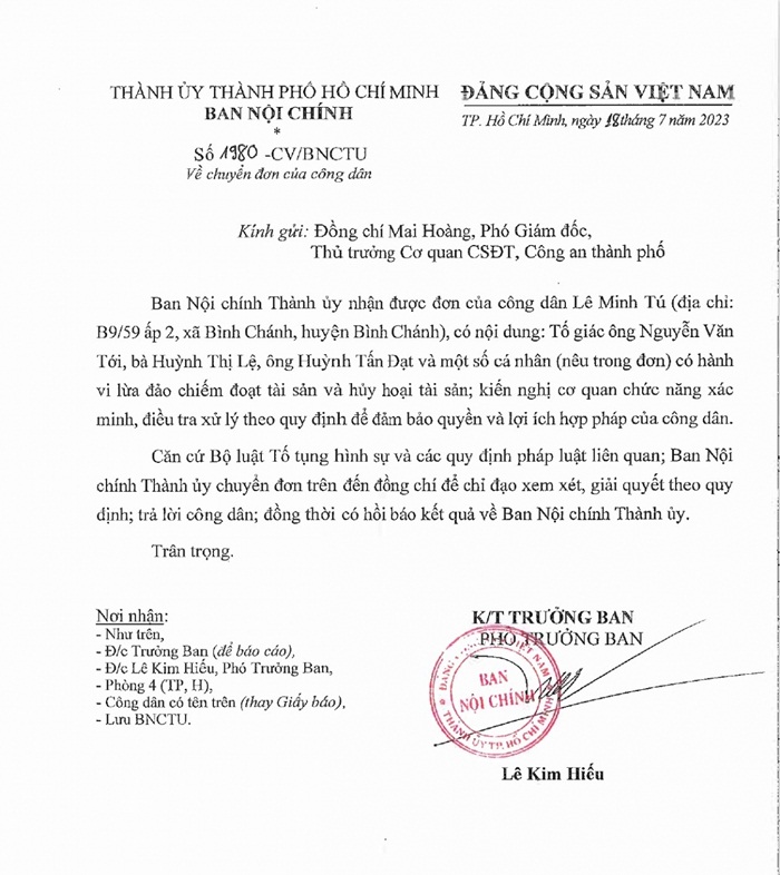 Công văn của Ban Nội chính Thành ủy TP Hồ Chí Minh gửi Thủ trưởng Cơ quan CSĐT Công an TP Hồ Chí Minh